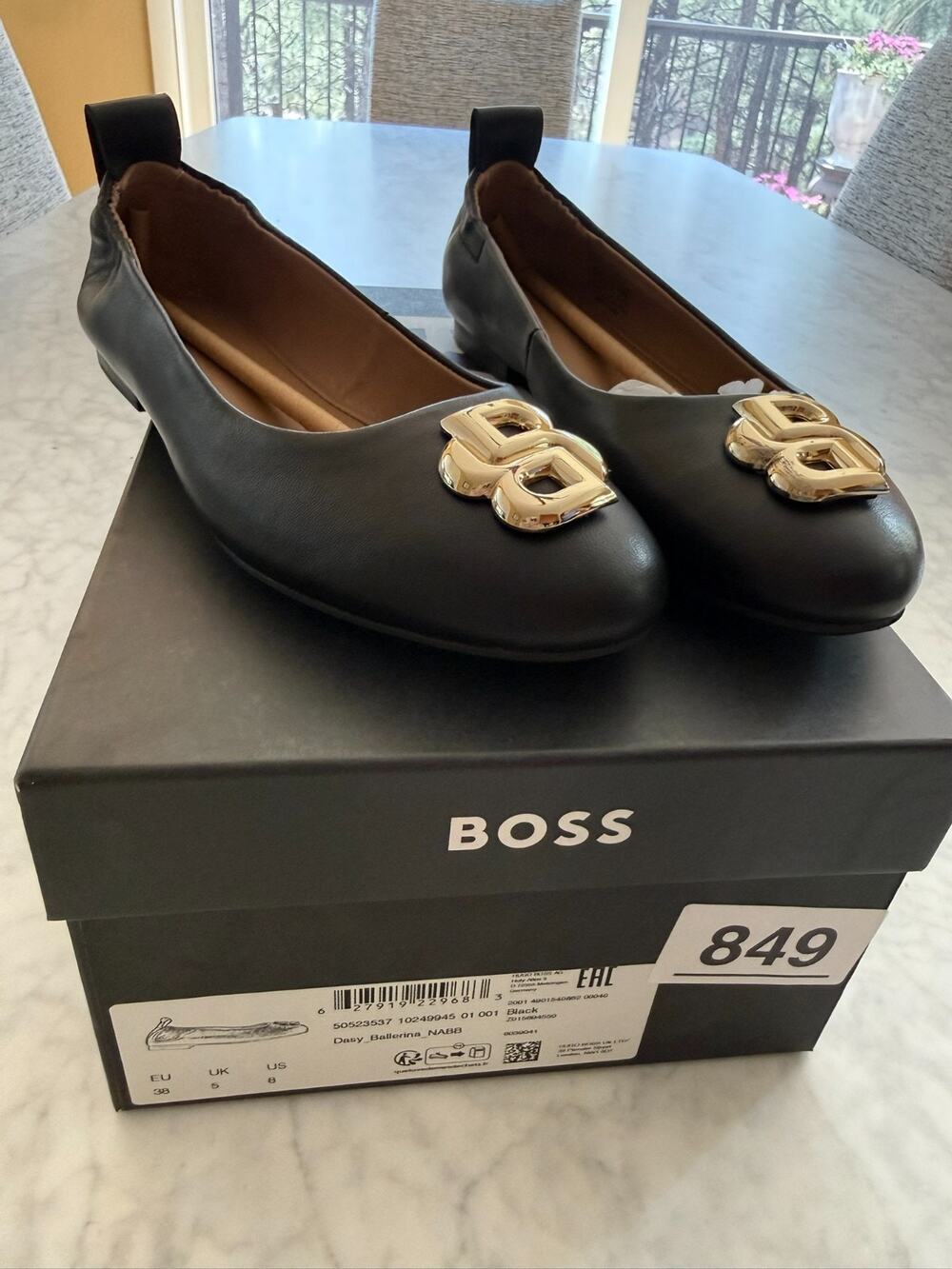 NIB BOSS Dasy Ballerina Ballet Sz 8 Flat Black Leather Gold Logo embellishment